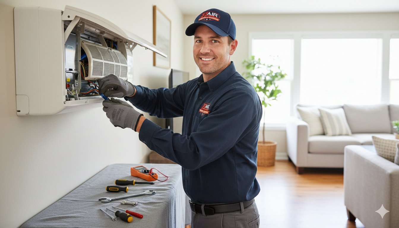 EZ Air HVAC technician servicing a mini-split in a Dallas home