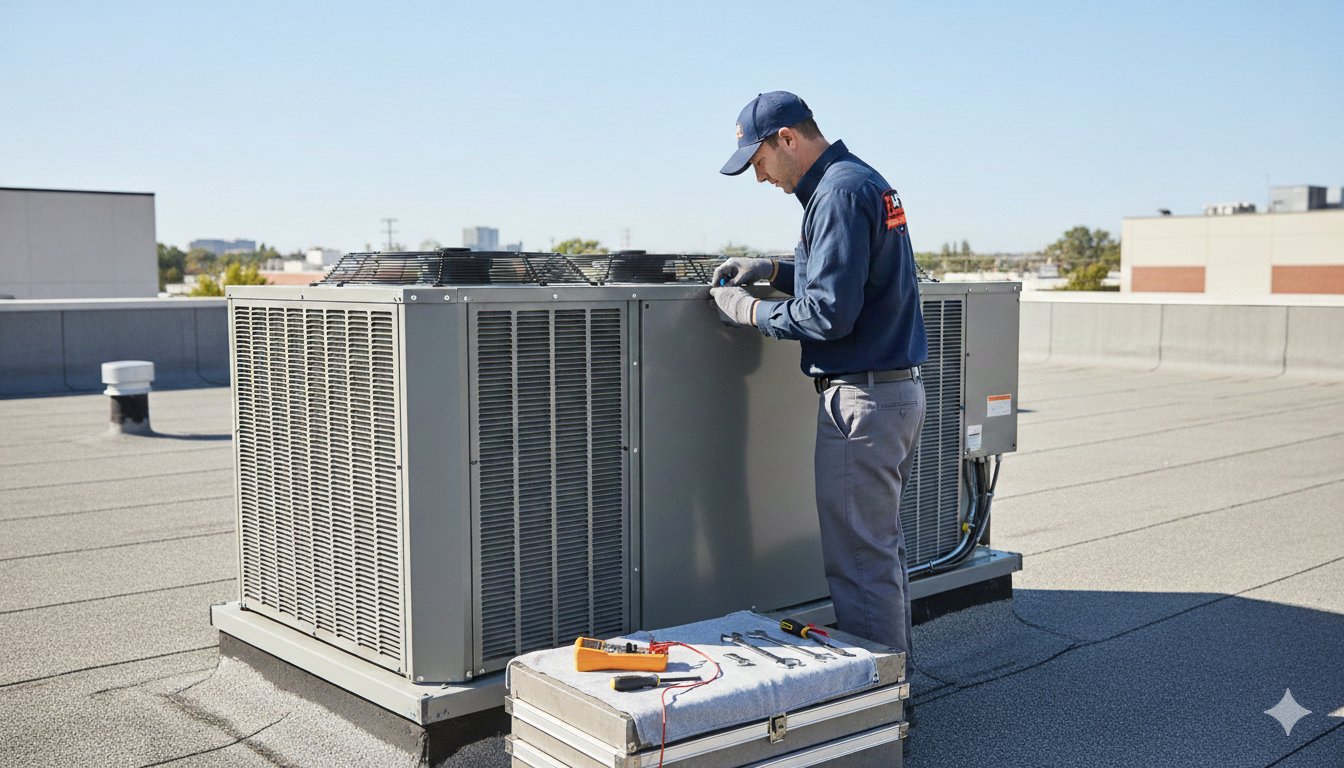 EZ Air HVAC technician servicing rooftop AC unit in Dallas